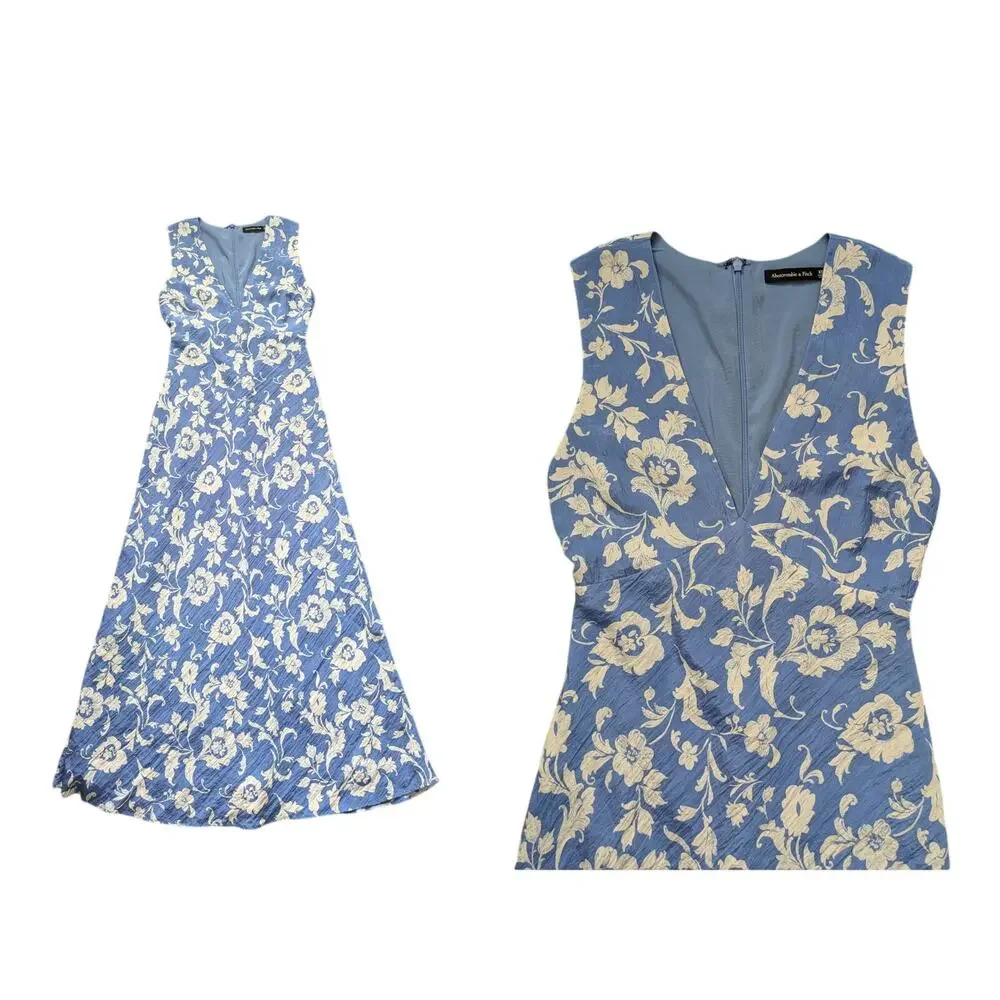 Abercrombie & Fitch Deep V-neck Maxi Dress Women XS Blue Floral Crinkle Romantic